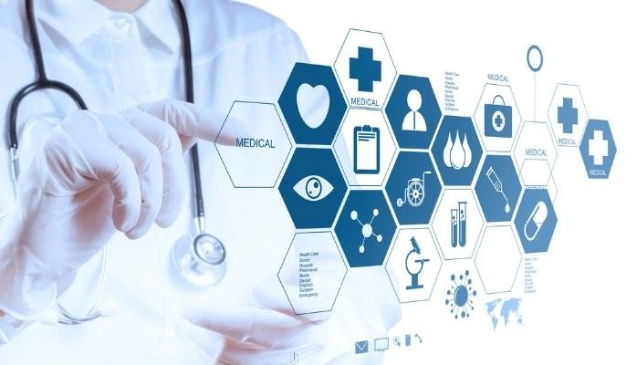 Digital healthcare technology icons.