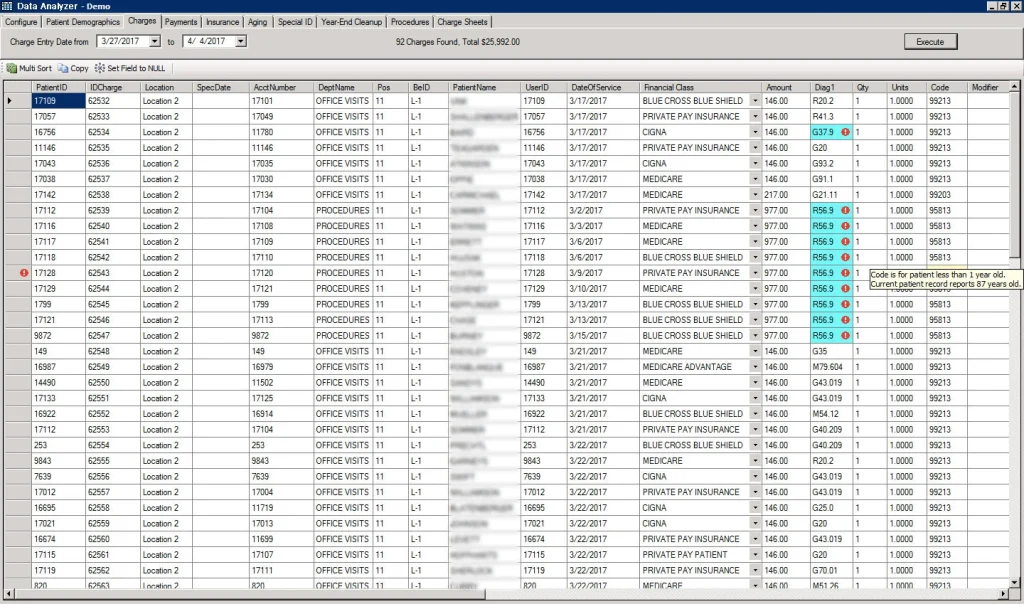 Medical billing software table.